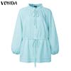 VONDA Women Casual Stand Collar Solid Color Long Sleeve Drawstring Waist Blouse Shirts
