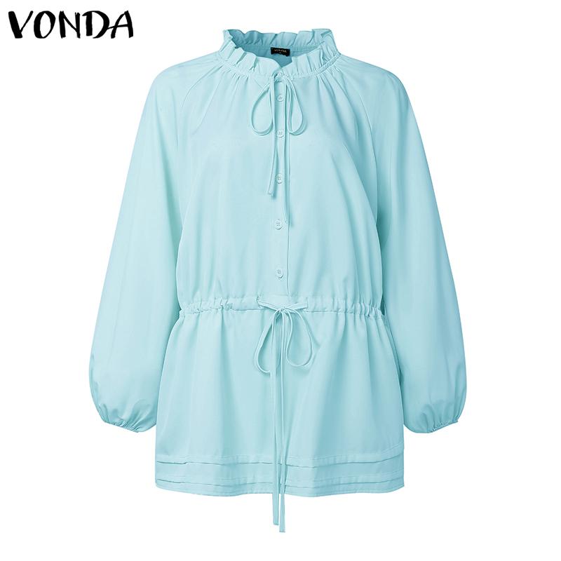 VONDA Women Casual Stand Collar Solid Color Long Sleeve Drawstring Waist Blouse Shirts