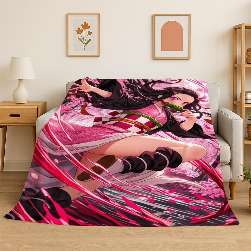 Cartoon Demon Slayer Anime Kamado Nezuko Tanjirou Flannel Blanket Soft Warm Throw Blanket for Bedroom Living Room Bed Travel