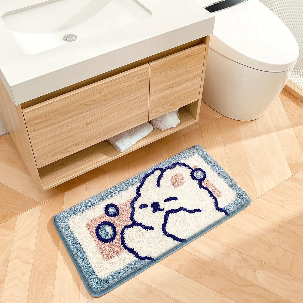 Cartoon Rabbit Flocking Bath Mat Toilet Mat Non-slip Absorbent Shower Door Mat Kitchen Oil-proof Leather Mat Bedroom Bedside Rug