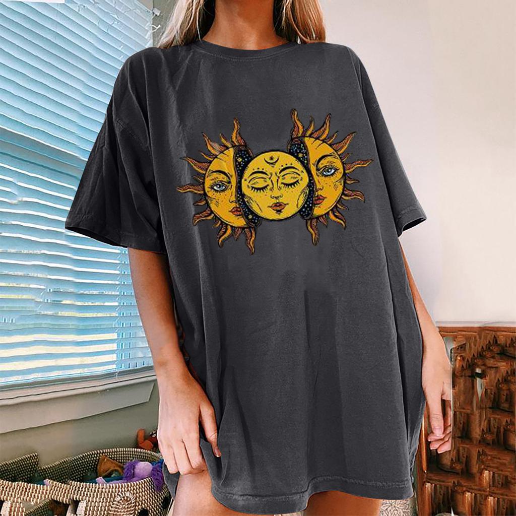 ქალთა ვინტაჟური მზისა და მთვარის პრინტიანი შაბლონი, მოკლე ყდის ტოპების ბლუზა