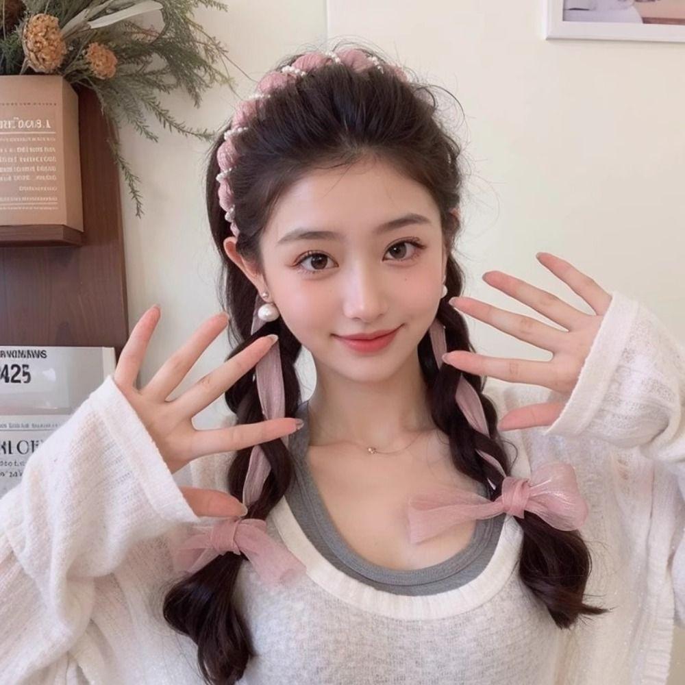 U Shape Satin Fabric Hair Bands Adjustable High Top Headpiece Non Slip Pearl Hair Band Tooth Comb Fabric Ribbon Hair Hoop