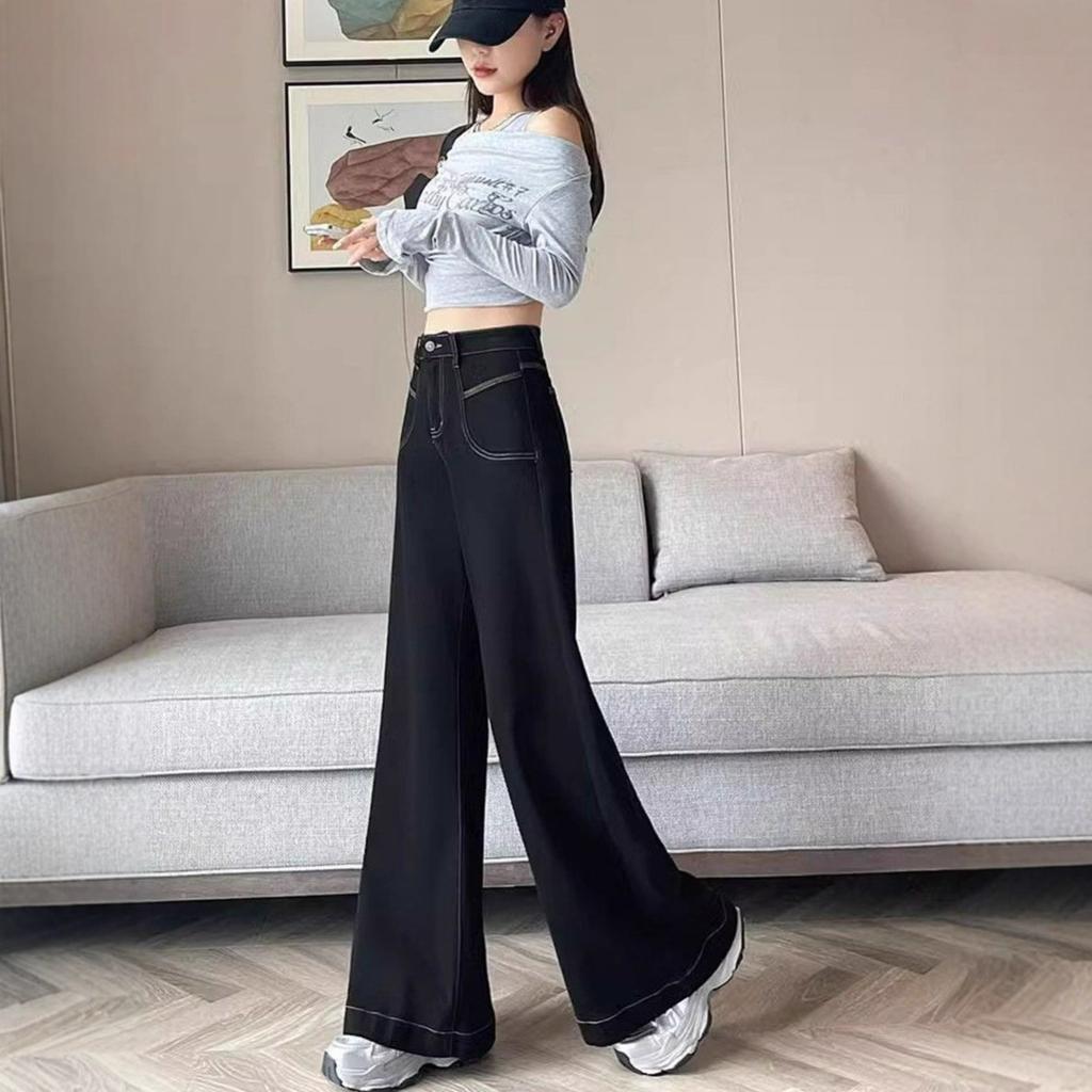 Not Stick To The Leg High Waist Wide Loose Jeans Big Size Women's Skinny Cover Crotch Draping Micro Flare Wide Leg Trousers Long Denim Pants