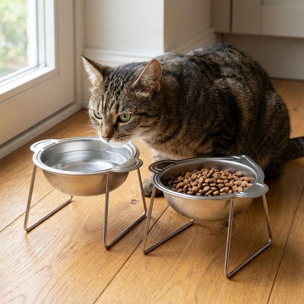 Stainless Steel Elevated Pet Bowl 15 Degree Inclined Pet Feeder Container  Wet Dry Food