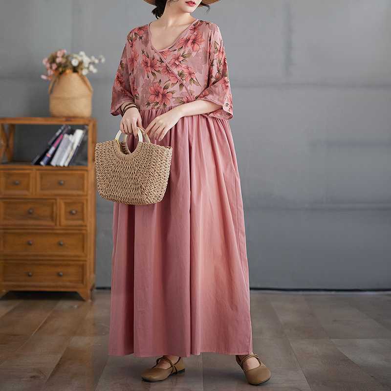 Cotton and Linen Summer Patchwork Retro Style Dress Long Skirt