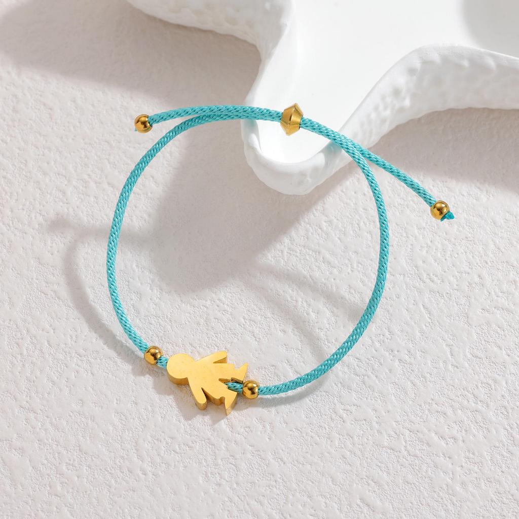 Minimalistisches blaues Seilarmband mit Herz-, Männchen- und runden Anhängern aus Edelstahl