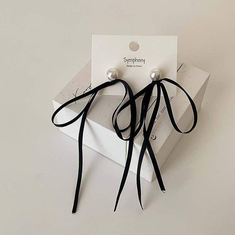 

Fashion Long Ribbon Bow Earrings for Women Temperament Imitation Pearl Stud Earrings Female Holiday Jewelry Accessories