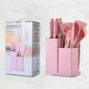 19 Piece Silicone Kitchenware Set Cooking Utensil Set Wooden Handle Spatula Spoon Stainless Steel Knife Set with Storage Bucket