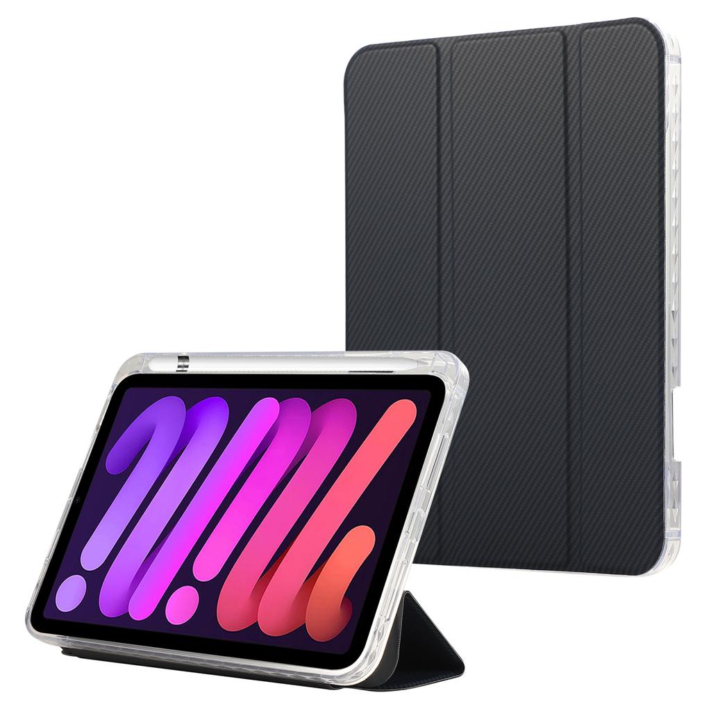 For iPad Mini (2024)/mini (2021) Case Carbon Fiber Texture Leather+Clear Acrylic+TPU Stand Tablet Cover