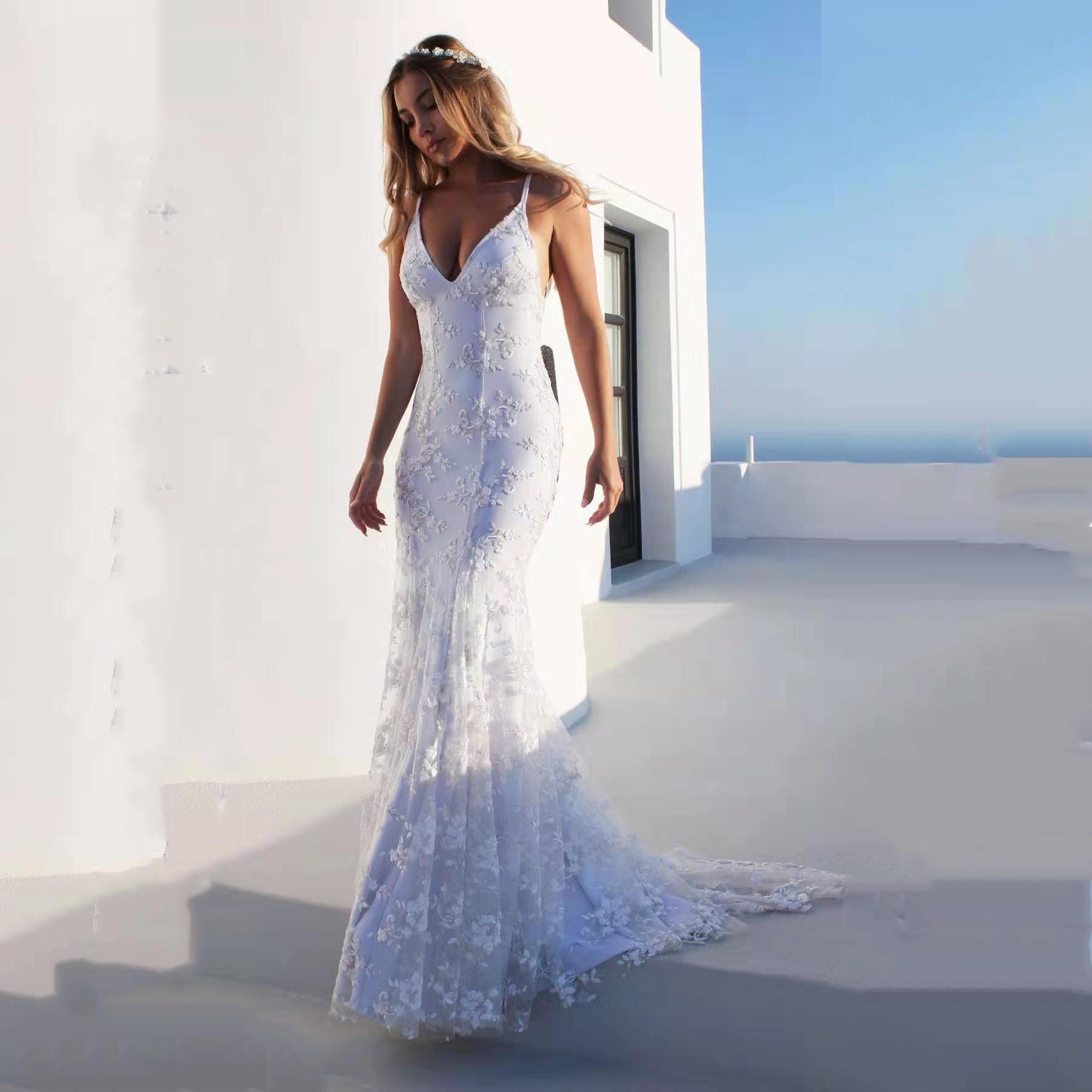 

2025 European & American V-Neck White Spaghetti Strap Evening Dress L