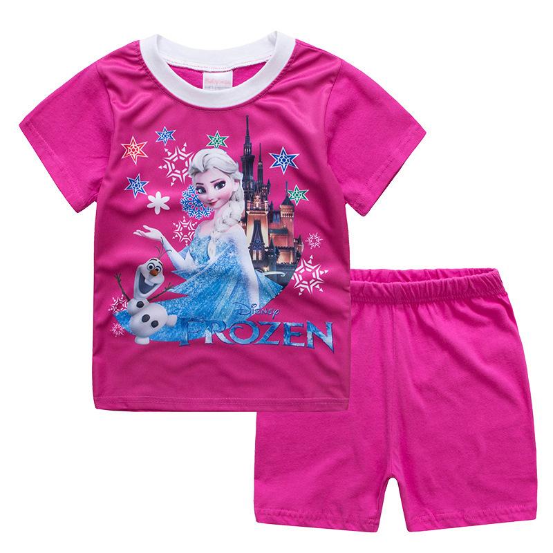 Casual Frozen Snow Queen Children s Summer Short Sleeve Pajamas Cartoon Suit Girls Cotton Kids Pajamas Dress Costumes 2T(90cm)