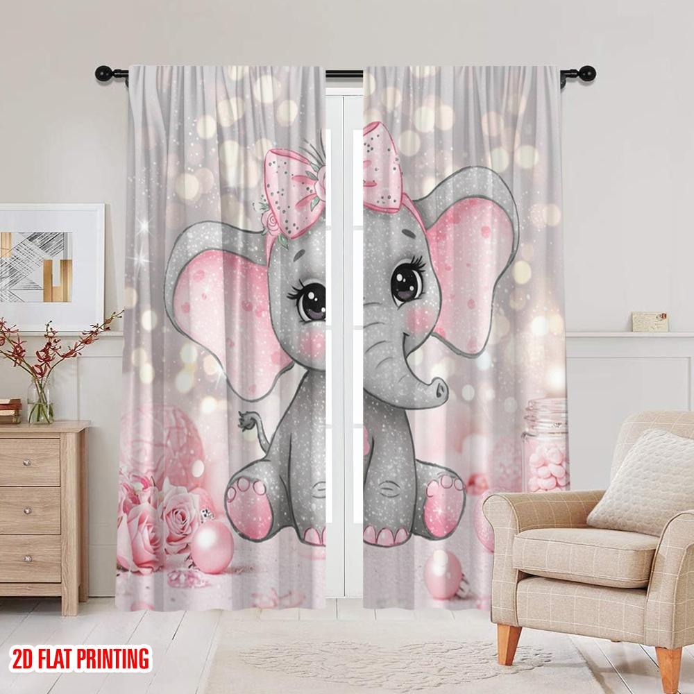 Set Of 2 Flat Printing Window Treatment Curtains Cute Little Elephant Polyester Without Electricity Wall Decor Curtain Machine Washable