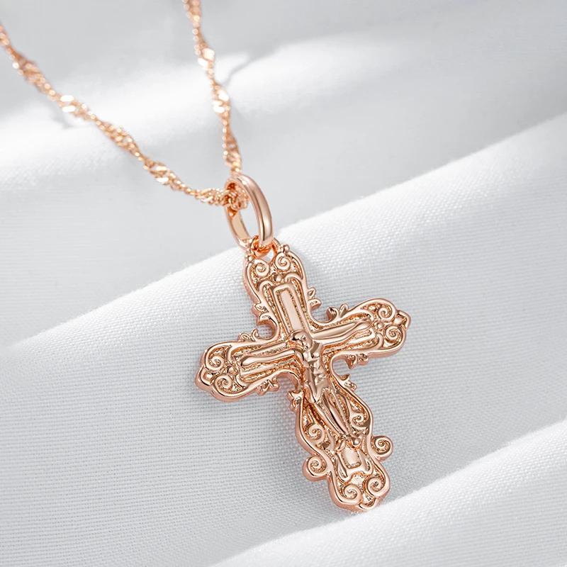 Golden Embossed Texture Cross Pendant Women Necklace Oval Connection Water Wave Chain Vintage Jewelry