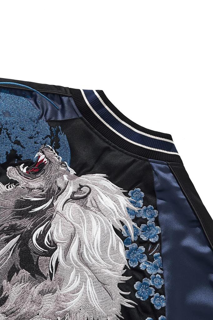 East Rain Sukajan Jacket with Embroidered Lion Satin Japanese Shiny FUN229 Men's Print, Fabric, Pattern, Outerwear,