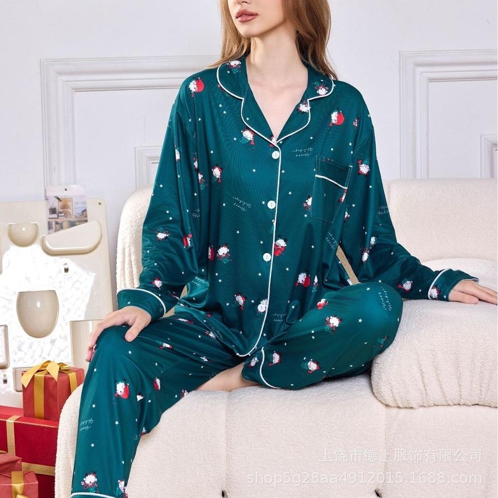 1116 European and American Women's Pajamas Christmas and New Year Printing Long-sleeved Trousers Cardigan Lapel Loose Loungewear