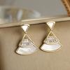 Fashionable Fan-shaped Mother-of-Pearl Zircon Earrings with Silver Studs - Unique, Versatile Design