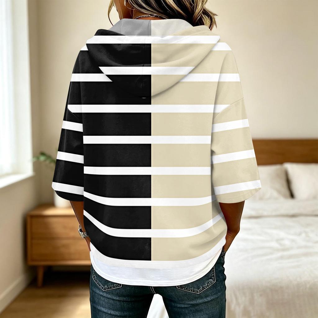 Women's Casual 3/4 Sleeve Geometric Print Hooded T-Shirt Top for Everyday Wear