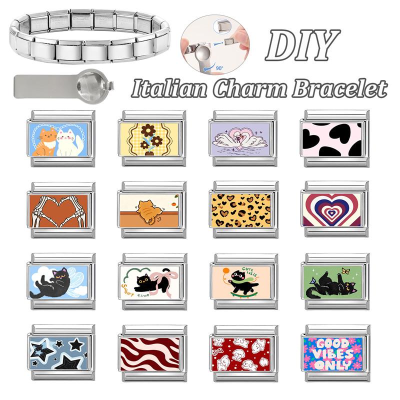 New Creative Design Leopard Heart Flowers Star Ball Cat Italian Charm Links Fit 9mm Stainless Steel Bracelet DIY Making Jewelry