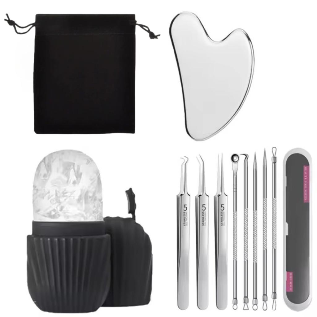 Facial Care Beauty Set Face Ice Roller Stainless Steel Gua Sha Board Massage Roller Acne Blackhead Remover Clip Skin Care Tools