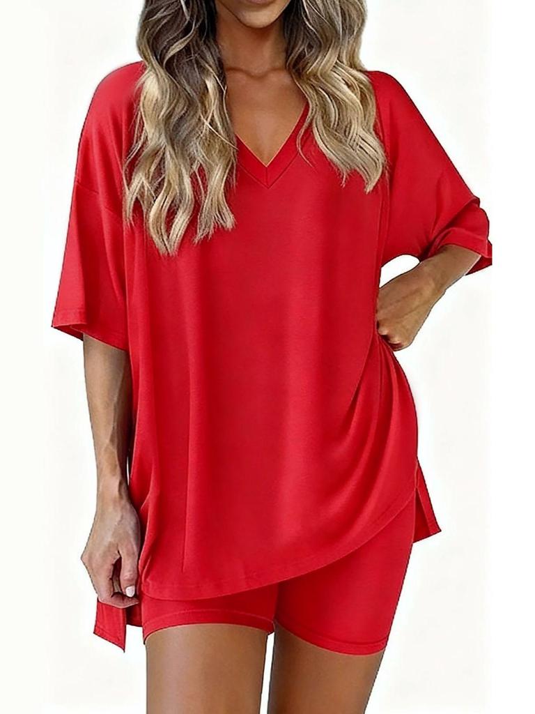 Women's Summer Fashion V-Neck Pajama Set - Casual, Loose, Solid Color