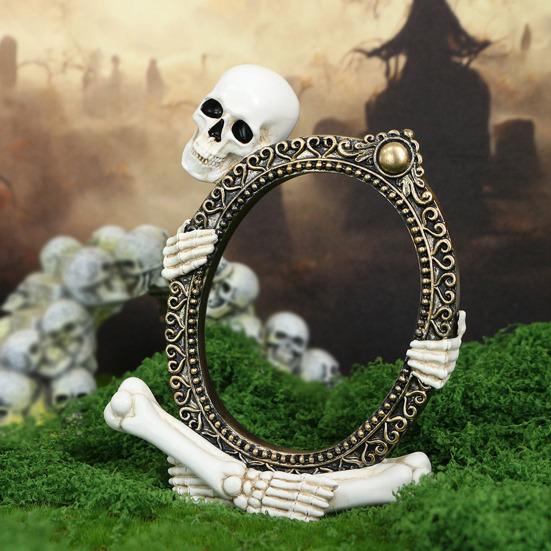 Vintage Skeleton Mirror Frame Statue Gothic Halloween Skull Hold Mirror Figurine Resin Skeleton Sculpture for Shelf Mantel Home Office Decor