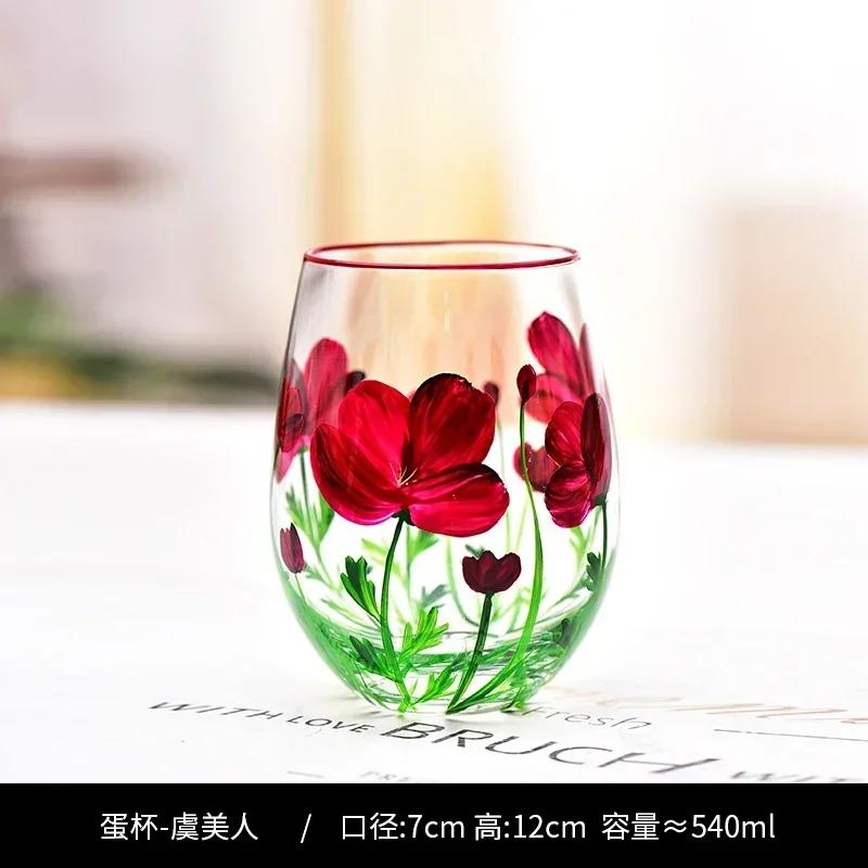 Hand Drawn Flower Patterned Crystal Glass Cup Festival Party Art High Feet Red Wine Cup Family Wine Glass Set Of Three Pieces