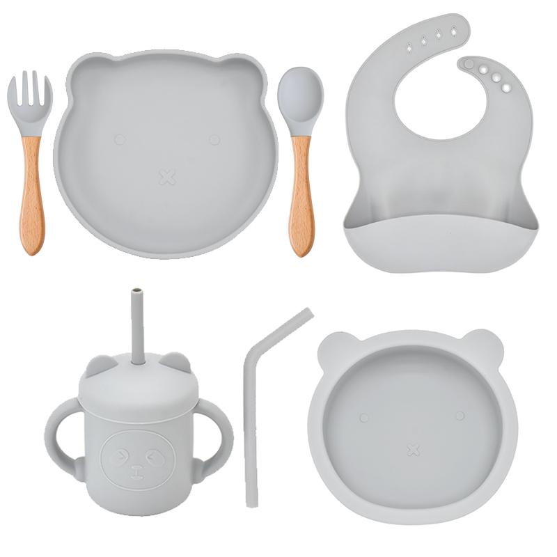 7PCS/Set Baby Silicone Sucker Bowl Plate Cup Bibs Spoon Fork Sets Children Non-slip Tableware Baby Feeding Dishes BPA Free