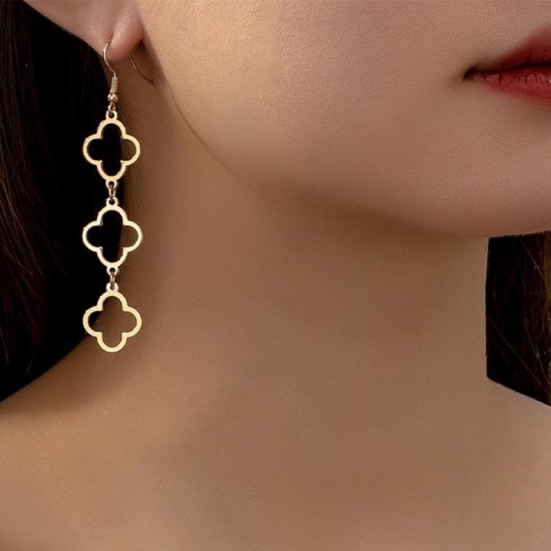 Elegant Cross-border Four-leaf Clover Hollow Dangle Earrings - Light Luxury Long Style /