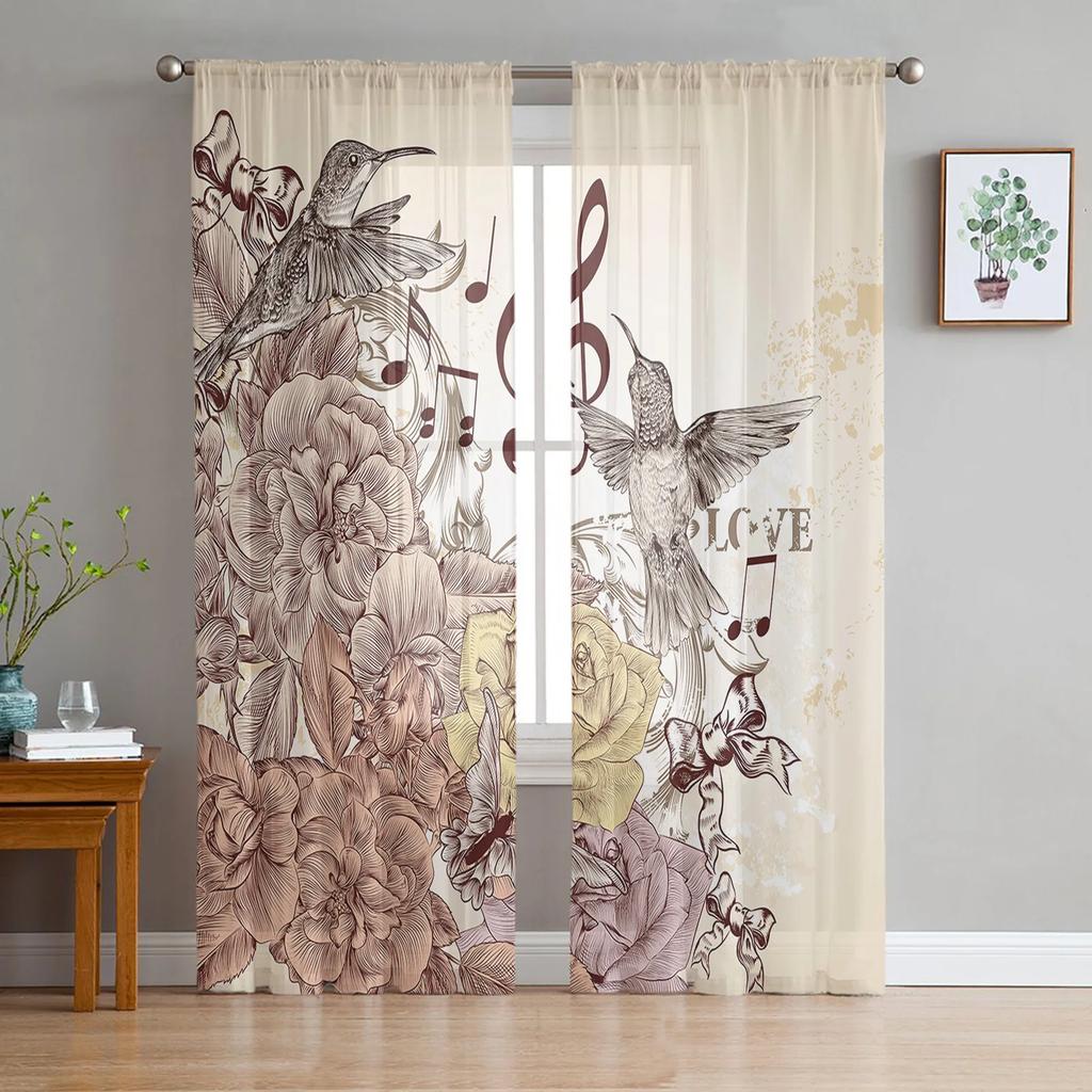 Sheer Hummingbird Pink Flower White Tulle Curtains Living Room Bedroom Decoration Transparent Chiffon Voile Window Curtain Polyester Washable Sitting