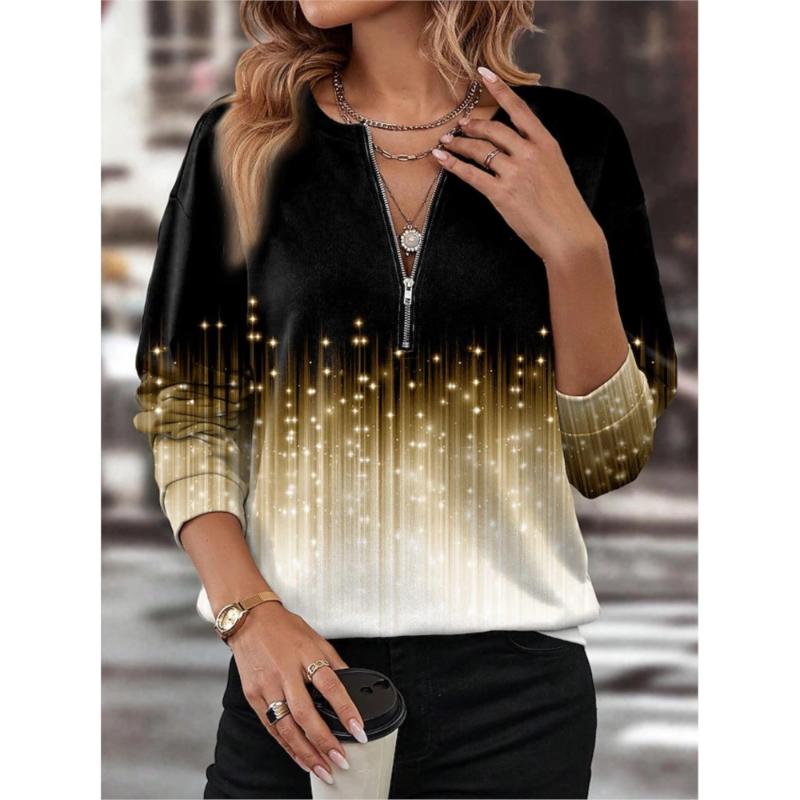 T-shirt Top Mode Imprimé pour Femme Haut Décontracté Col en V Manches Longues Fermeture Éclair Pull T-shirts Hauts Pour Femmes Vacances Bureau Vêtements pour Femmes Nouveau