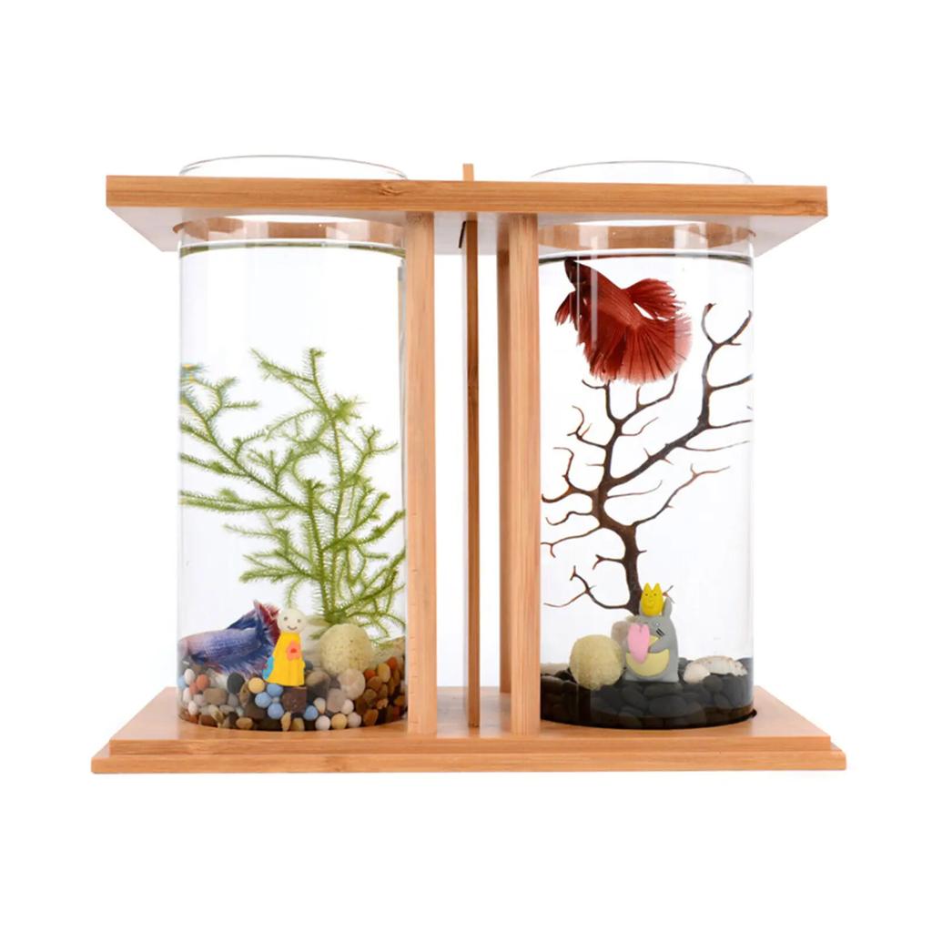 Creative Bamboo Wood Ecological Fish Tank Dual Glass Desktop Mini DIY Goldfish Betta Fish Tank Micro Landscape Tank
