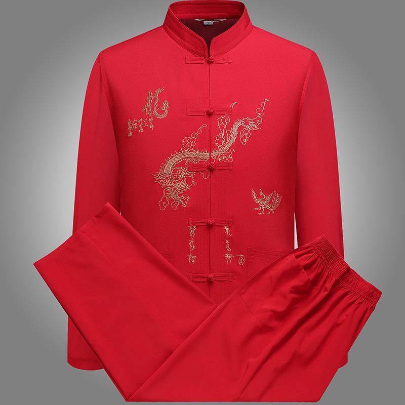 Chinese Traditional Men's Tang Suit Sets Long Sleeve Long Pants Dragon Kung Fu Suit Embroidery Dragon Shirt