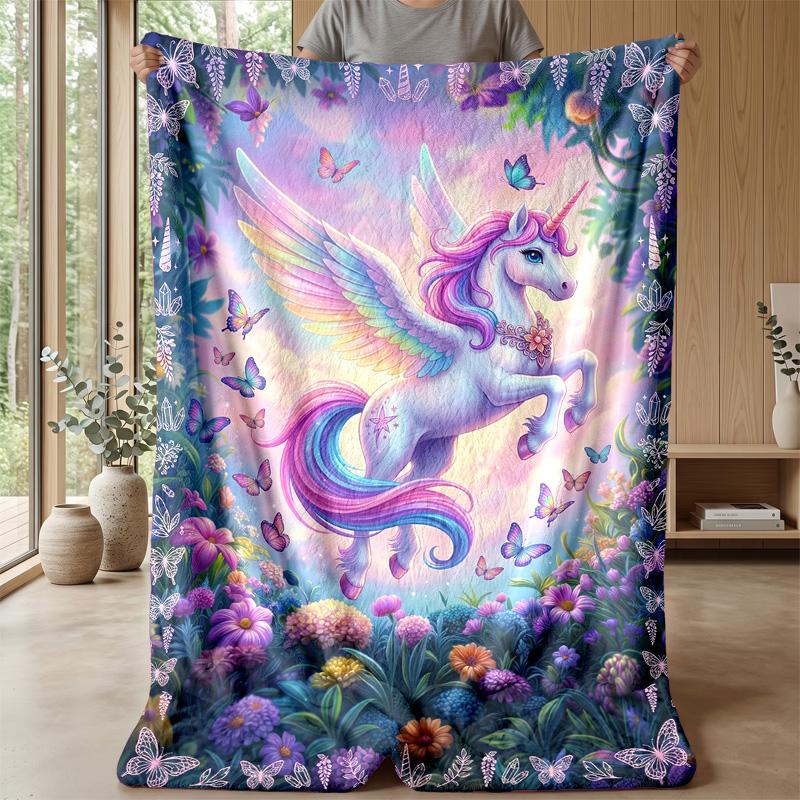 Fantasy Unicorn with Flowers Theme Blanket Lightweight Warm Flannel Blanket Decorative Throw Blanket for Home Decoration