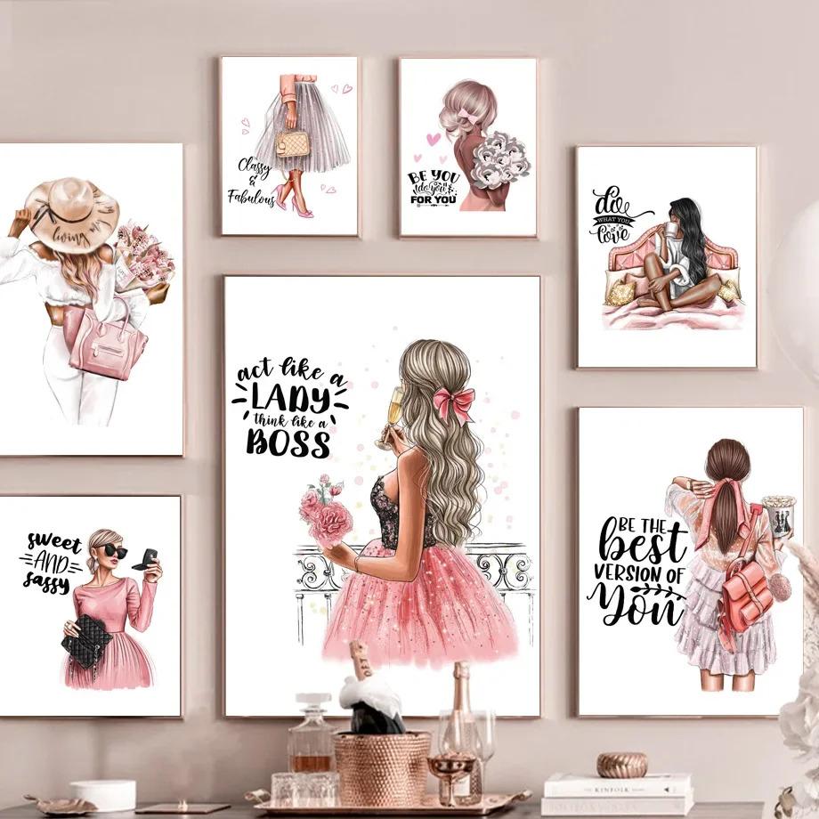 Flowers Black Girl Coffee Goblet Illustration Fashion Art Canvas Painting Nordic Posters Prints Wall Pictures Living Room Decor