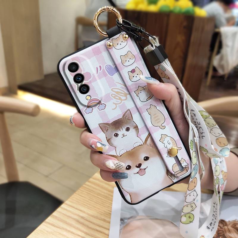 Protective Lanyard Phone Case For Wiko T50 Shockproof Soft Case Kickstand Wrist Strap Fashion Design Cute Anti-knock