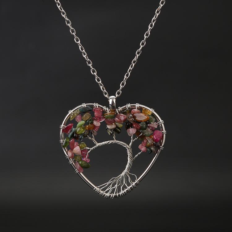Seven-Color Heart-Shaped Tree of Life Necklace with Natural Stone Crystals