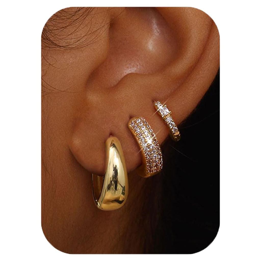 3 Pairs Dainty 14K Gold Plated Zircon Hoops Stackable Earrings Set For Women Fashion Elegant Daily Party Wear Jewelry Gifts 2026