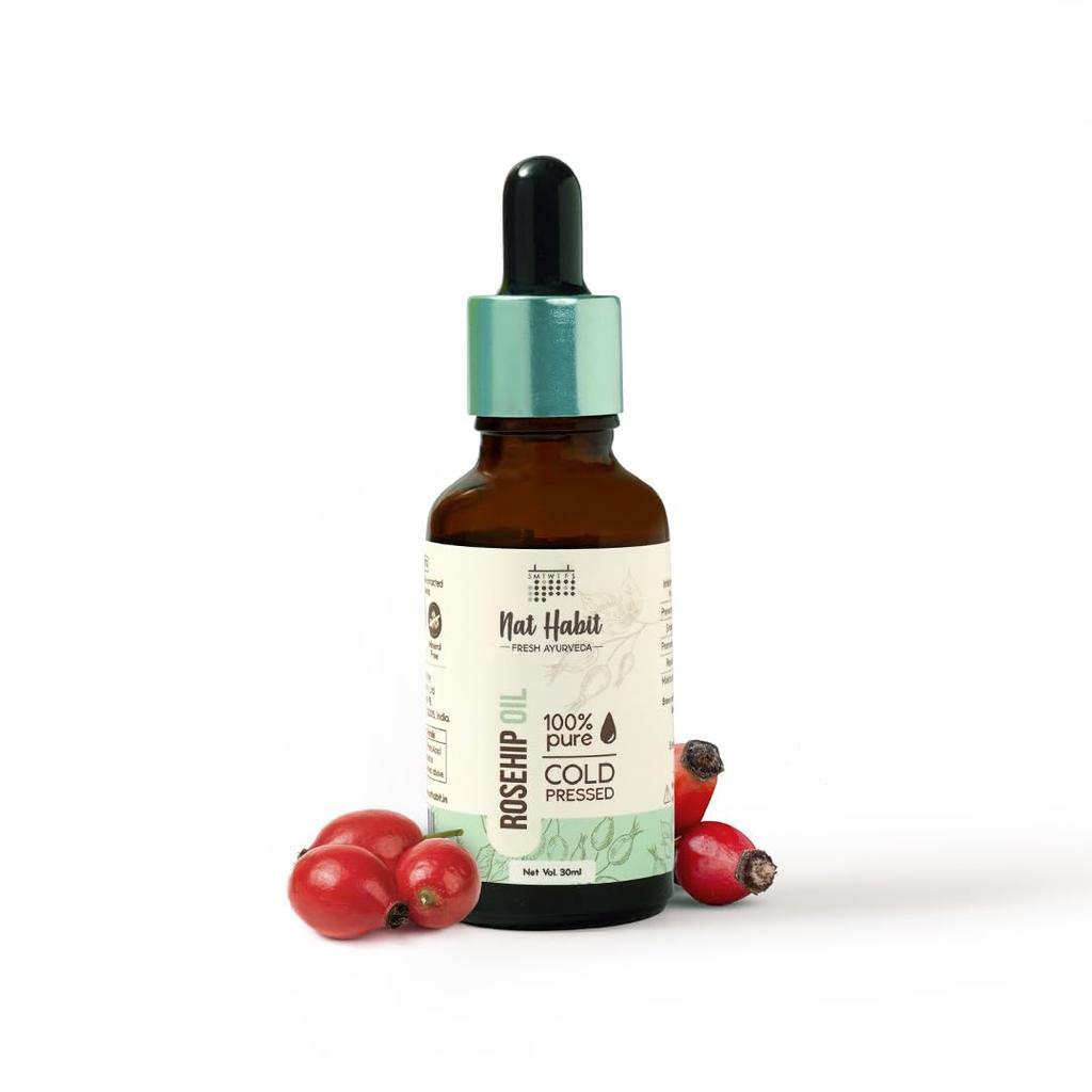 Nat Habit Pure Rosehip Oil, Pure Cold Pressed Rosehip Oil For Deep Hydration, Smooth & Glowing Skin, 30ml