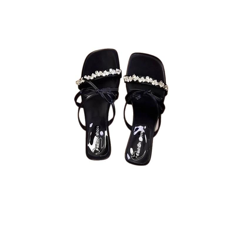 French Low-heeled Rhinestone One-word Fairy Shoes, Wear 2025 Summer New Models with Skirts, Bows, Cool Slippers, Women