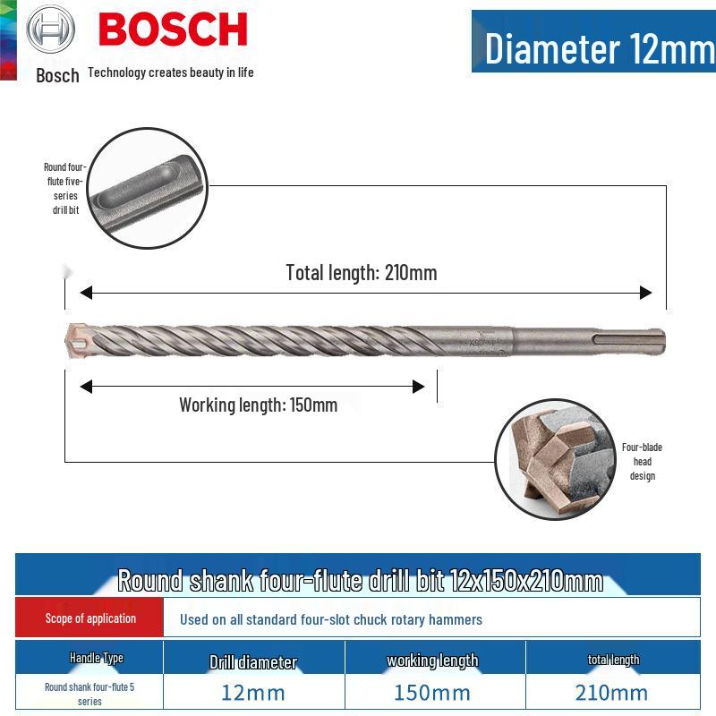 Bosch 5-Series Electric Hammer Drill Bit, Four-Groove, Cross Wall-Penetrating, Extended Length, Round Shank for Concrete.