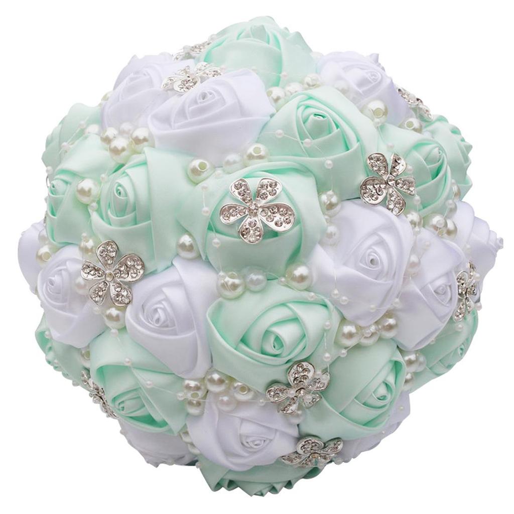 European & American Elegant Ribbon Flower Bridal Bouquet – Beaded Five-Flower Design