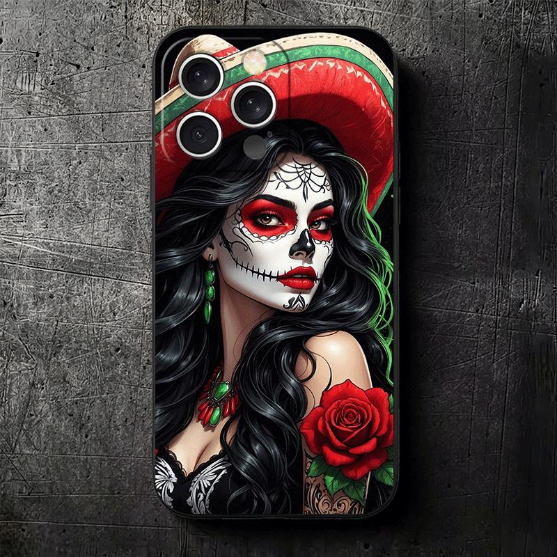 Catrina Beautiful Rose Girl Skull Soft Phone Case for iPhone 16 16E 17 Air 15 Pro Max 14 Plus 13 Mini 11 12 7 Black Cover Back S