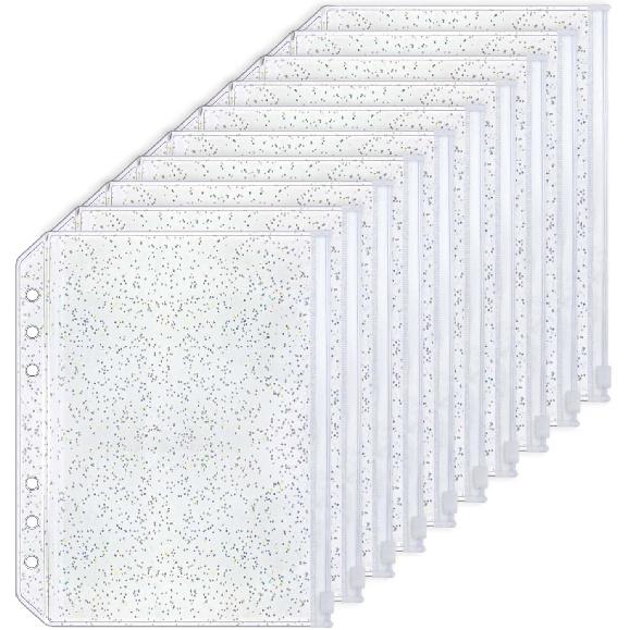 10pcs A5 Cash Stuffing Envelopes Zipper Binder Pockets Clear Glitter PVC 6 Hole Zip Sleeves Loose Leaf Pouches for 6 Ring Binder Planner (A5 5.91" x