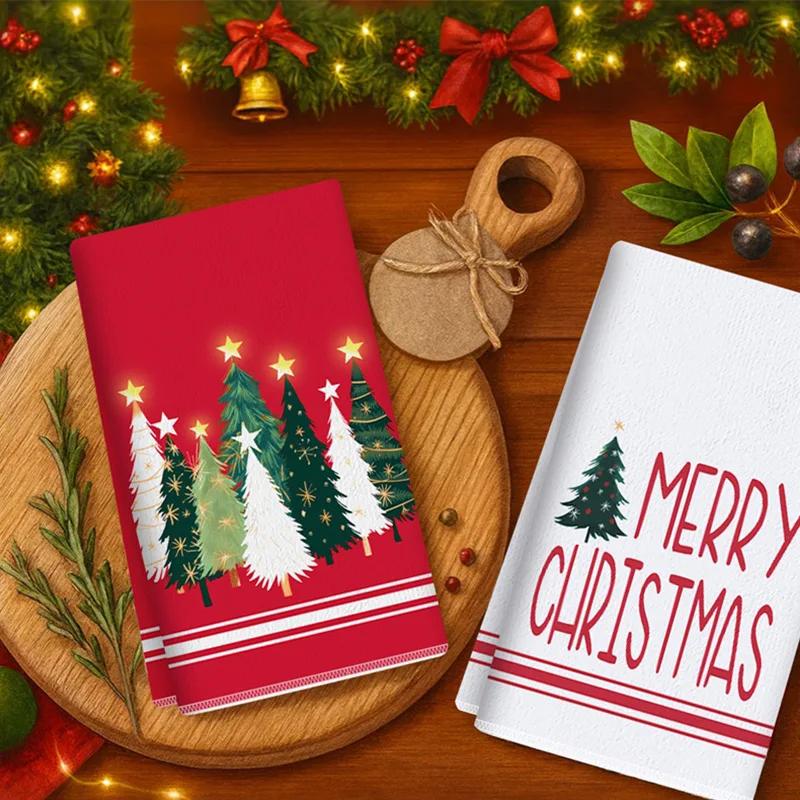 1pc Christmas Kitchen Towels Christmas Tree Kitchen Dish Towels Green Buffalo Plaid Xmas Tree Dishcloth For Farmhouse Home Decor