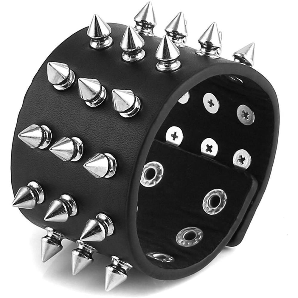 Punk Gothic Metal Cone Studs Rivet Leather Bracelet Wide Cuff Wristband for Men Fashion Jewelry Charm
