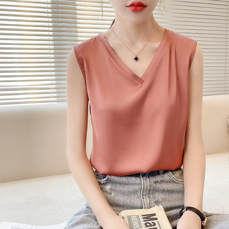 Women's Satin Wide Shoulder V-Neck Camisole Top - Summer, Loose, Sleeveless, Versatile