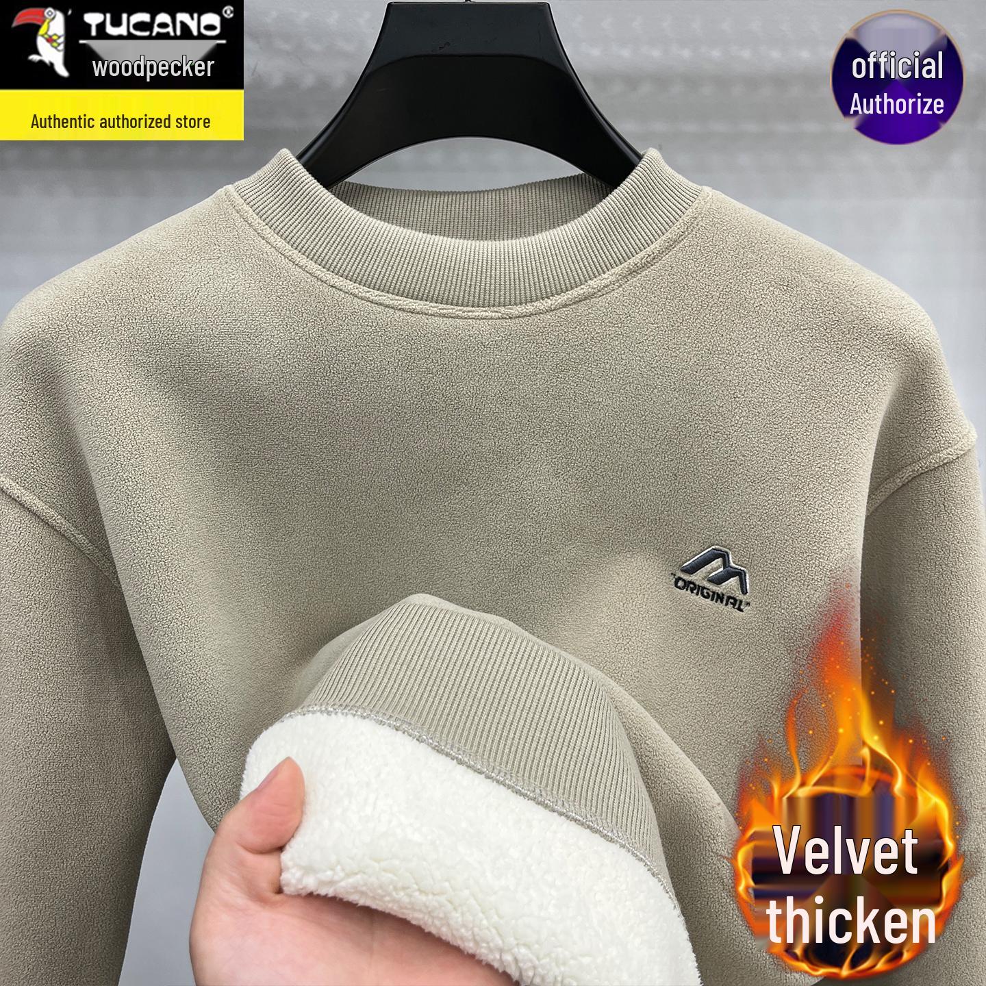 

Men s 2025 Winter Fleece Hoodie: Woodpecker Camel Wool, Plus Velvet, Thickened Round Neck Base Layer M/48 (suggested 90-110 kg) бежевий