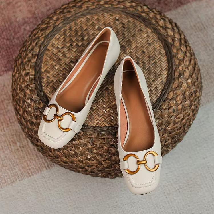 Fashion Retro Women's Loafers Shoes French Square Toe Horsebit Leather Office Career Ladies Slip-On Low Heels Shoe Pumps