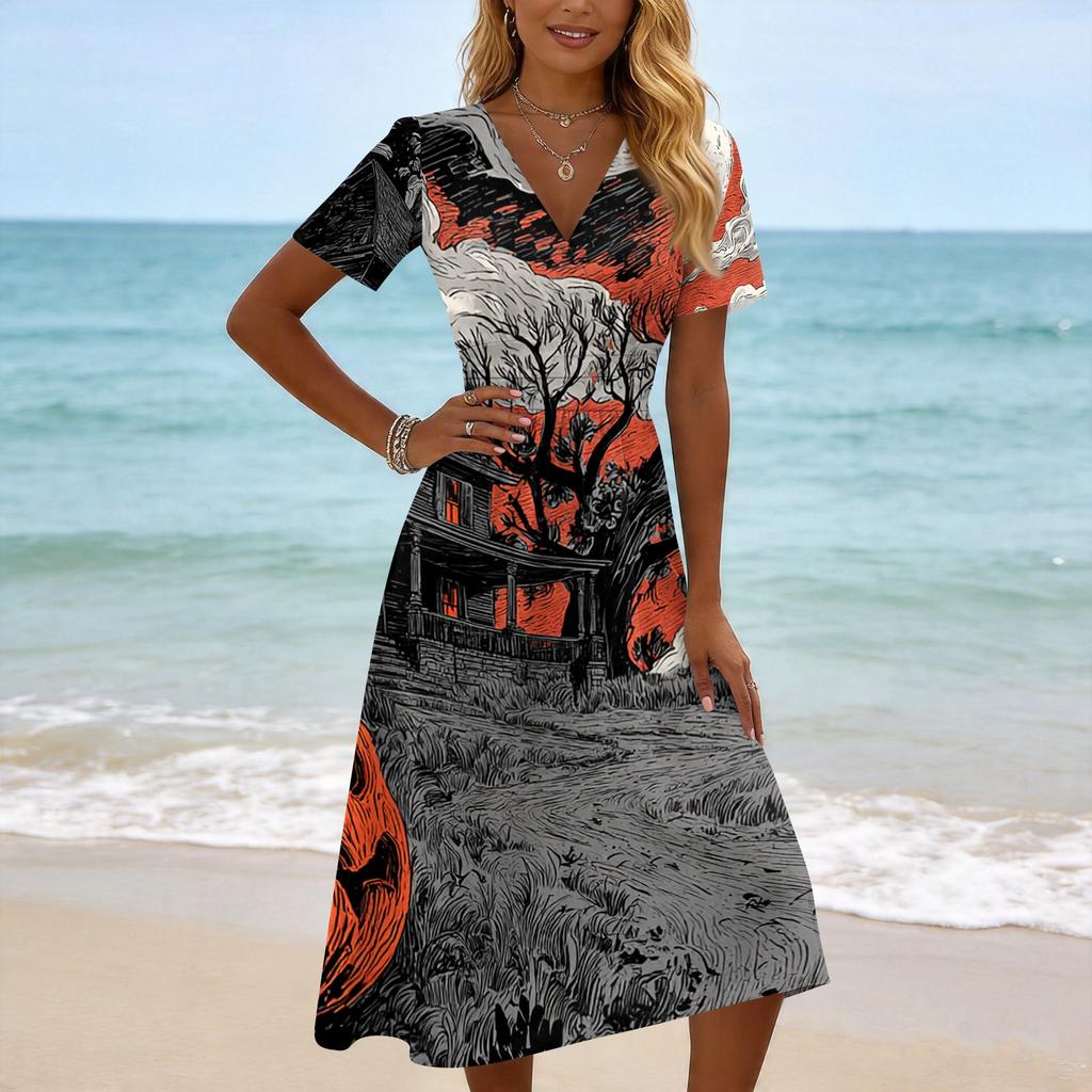 Women's Casual V Neck Short Sleeve Dress Halloween Ghost Print Knee Length Dress Lightweight Comfortable Fit for Everyday Wear
