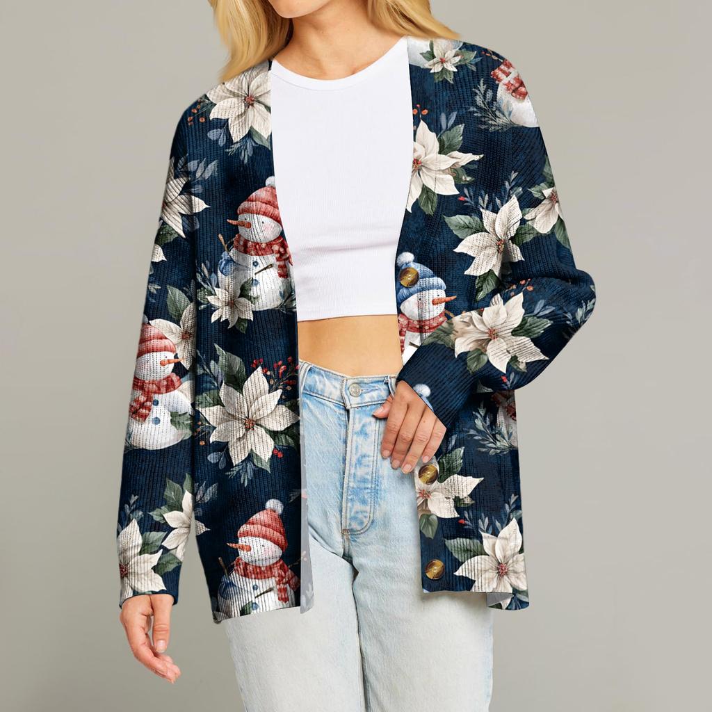 Women's Fashion Long Sleeve Print V-Neck Button Loose Cardigan Top